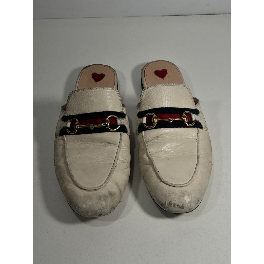Gucci Princetown Leather Horsebit Mules White Web Heart Slides sz 38 ROUGH condi